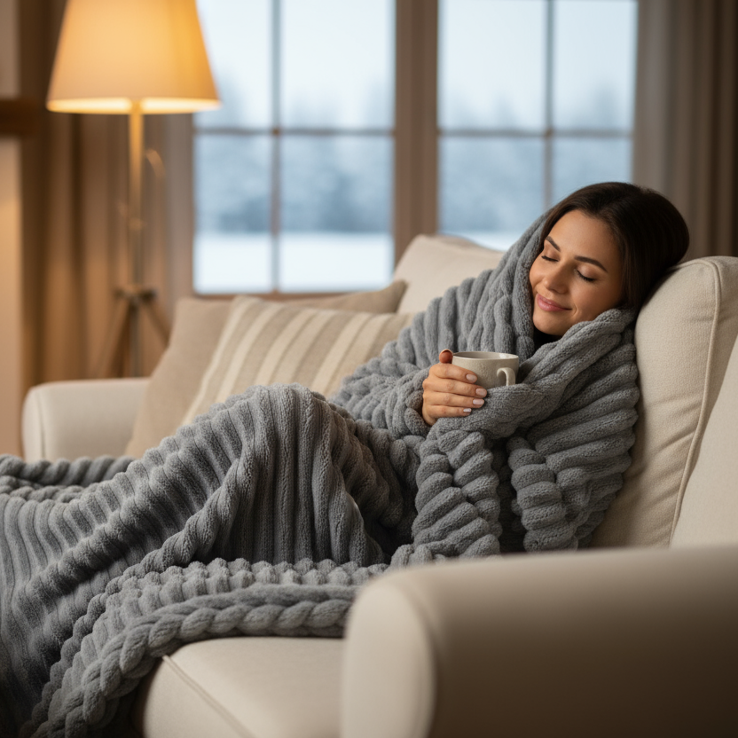woman cuddling with cozy grey big ribbed fleece blanket