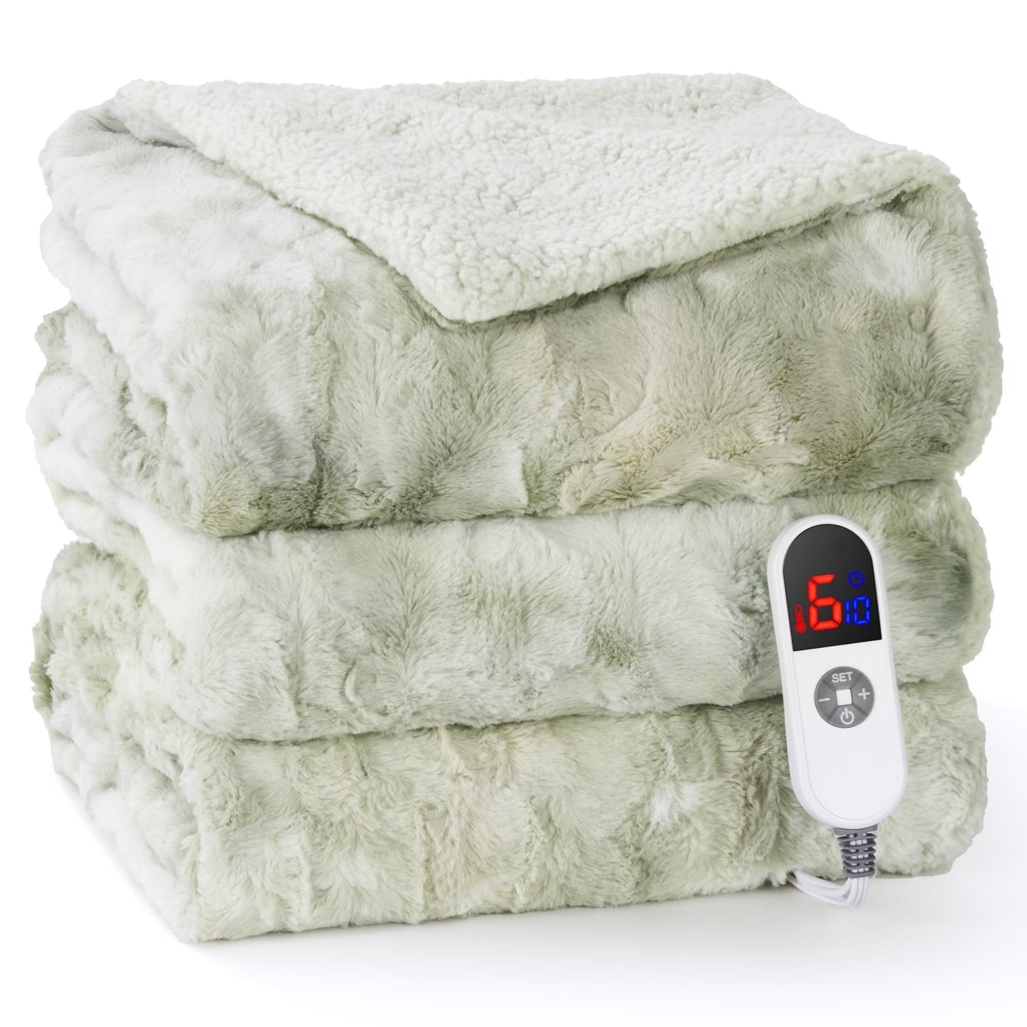 Heated Blanket 72"X84" Faux Fur & Sherpa Electric Blanket with 6 Heat Levels, 10H Timer, LED Display, Machine Washable, Tie-Dye Green