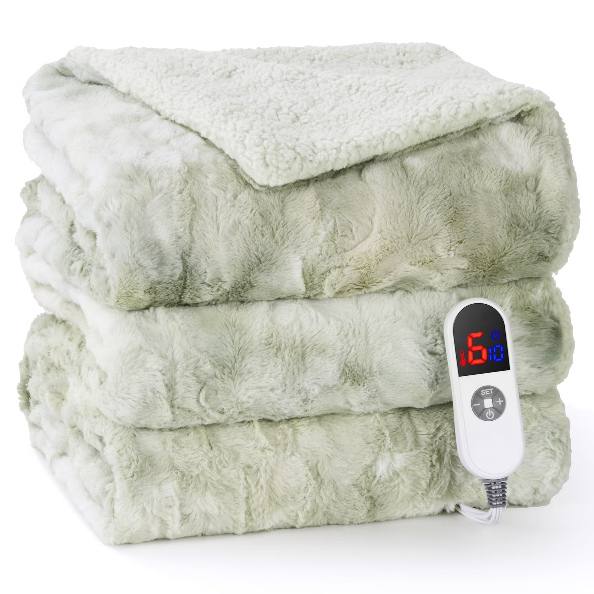 Heated Blanket 72"X84" Faux Fur & Sherpa Electric Blanket with 6 Heat Levels, 10H Timer, LED Display, Machine Washable, Tie-Dye Green
