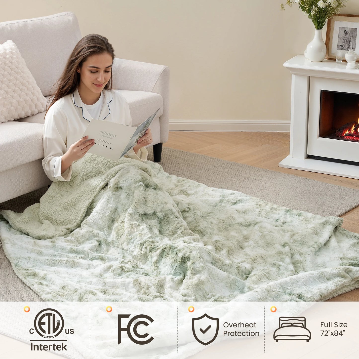 Heated Blanket 72"X84" Faux Fur & Sherpa Electric Blanket with 6 Heat Levels, 10H Timer, LED Display, Machine Washable, Tie-Dye Green