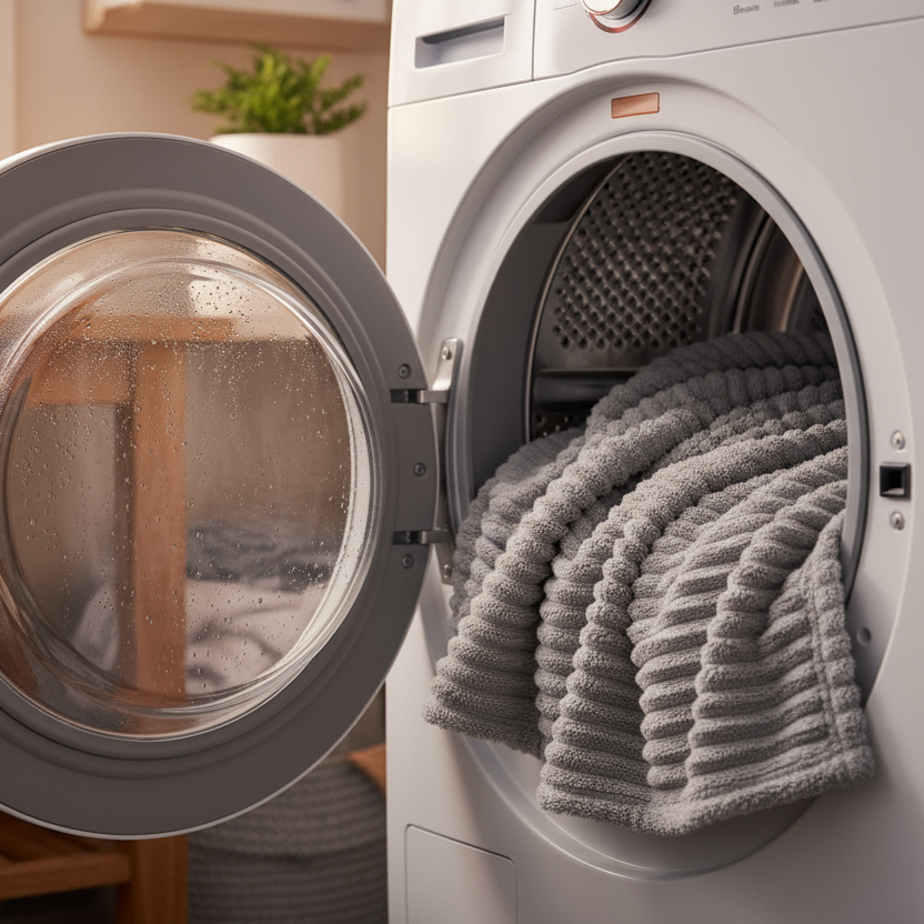 a super fluffy and comfy grey ribbed fleece blanket hanging out of a dryer with the door open