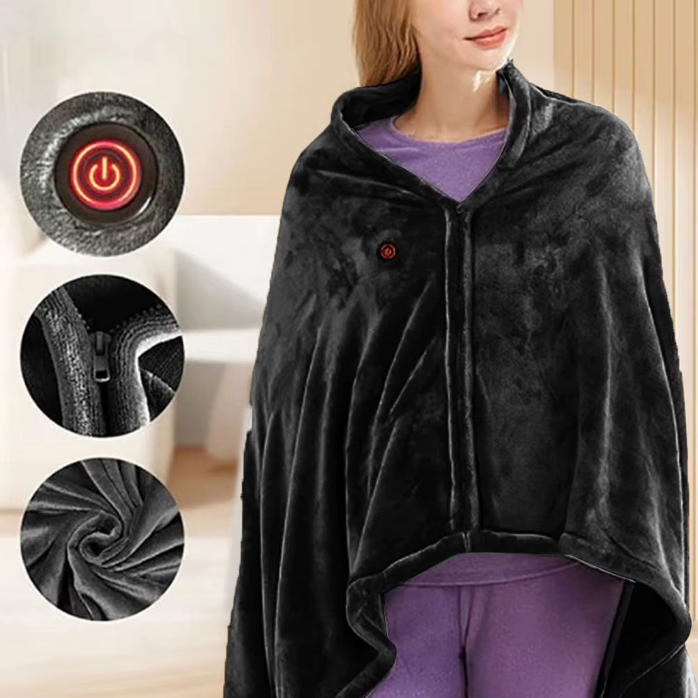 Wearable Heating Electric Blanket Coral Velvet Shawl 3 Heated Level Throw Blanket 5V 2A USB Charging 8 Heated Areas Fast Heating