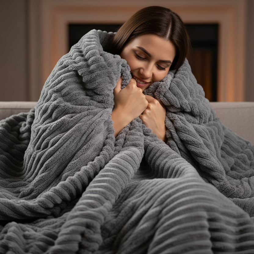 the ribs are a lot fluffier, to the point you cannot see the fabric in between the ribs of the fleece blanket, only the ribs being visible