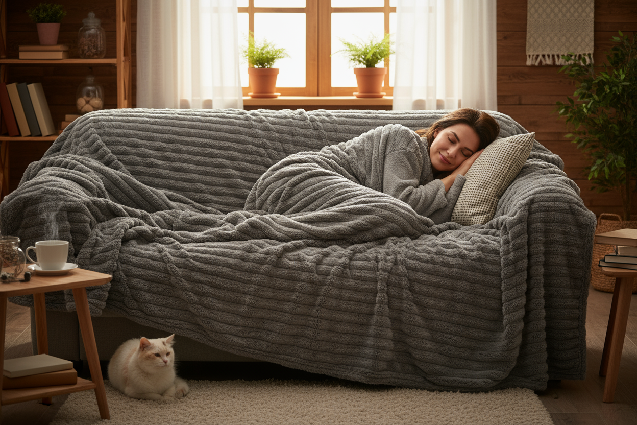 woman cuddling with cozy grey huge ribbed fleece blanket